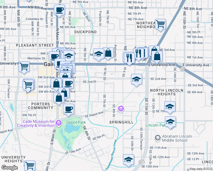 map of restaurants, bars, coffee shops, grocery stores, and more near 747 Southeast 2nd Place in Gainesville