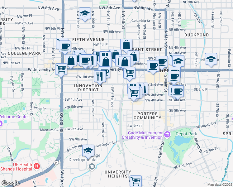 map of restaurants, bars, coffee shops, grocery stores, and more near 239 Southwest 7 Terrace in Gainesville