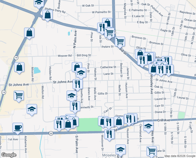 map of restaurants, bars, coffee shops, grocery stores, and more near 2806 Saint Johns Avenue in Palatka