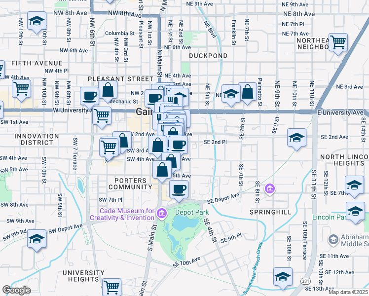 map of restaurants, bars, coffee shops, grocery stores, and more near 241 Southeast 2 Street in Gainesville