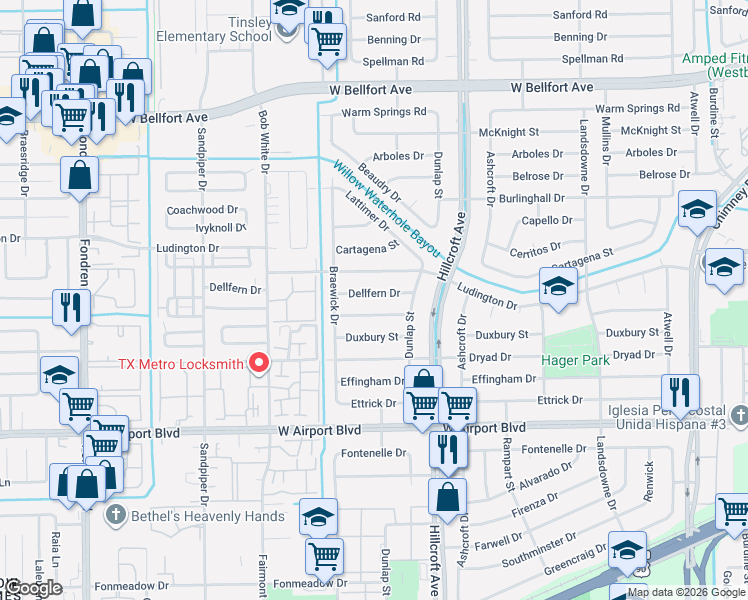 map of restaurants, bars, coffee shops, grocery stores, and more near 6002 Dawnridge Drive in Houston