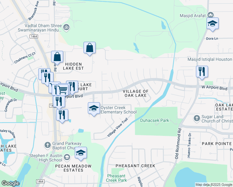 map of restaurants, bars, coffee shops, grocery stores, and more near 16402 Hidden Gate Court in Sugar Land