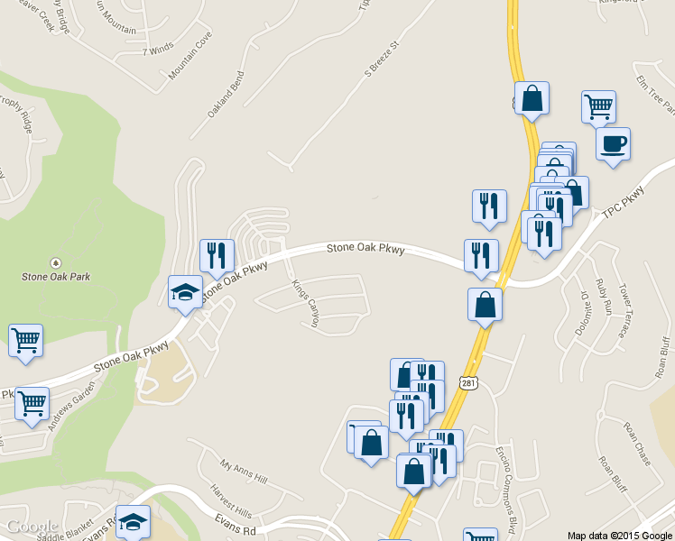 map of restaurants, bars, coffee shops, grocery stores, and more near 79 Bighorn Canyon in San Antonio