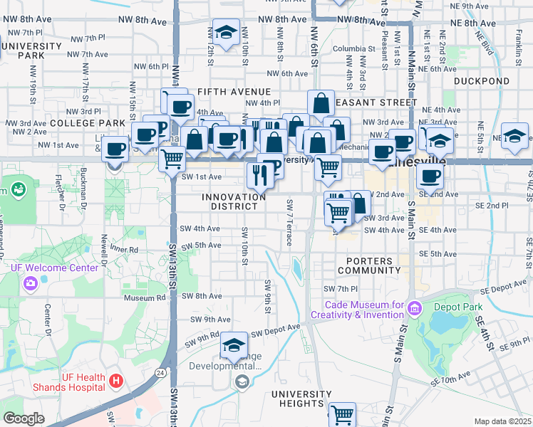 map of restaurants, bars, coffee shops, grocery stores, and more near 801 Southwest 2nd Avenue in Gainesville