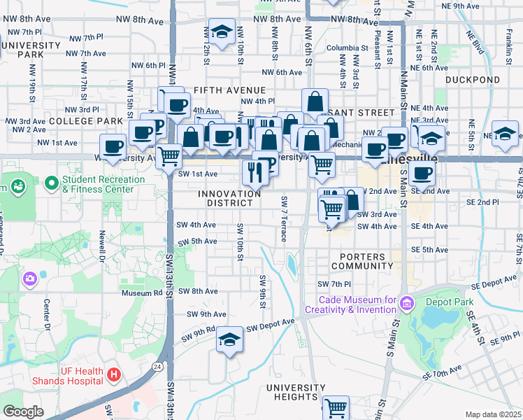 map of restaurants, bars, coffee shops, grocery stores, and more near 801 Southwest 2nd Avenue in Gainesville