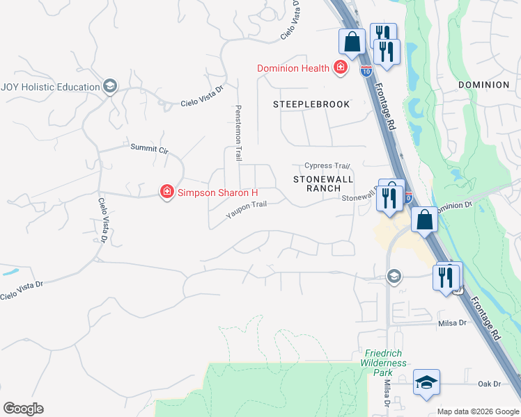 map of restaurants, bars, coffee shops, grocery stores, and more near 126 Yaupon Trail in San Antonio