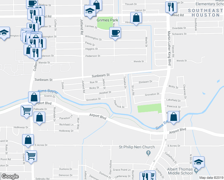 map of restaurants, bars, coffee shops, grocery stores, and more near 5321 Jezebel Street in Houston