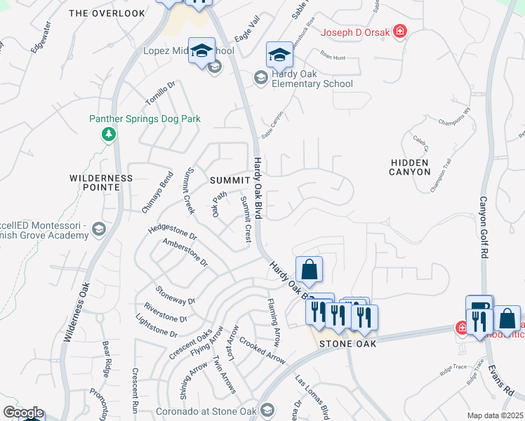 map of restaurants, bars, coffee shops, grocery stores, and more near 22303 Mesa Knoll in San Antonio