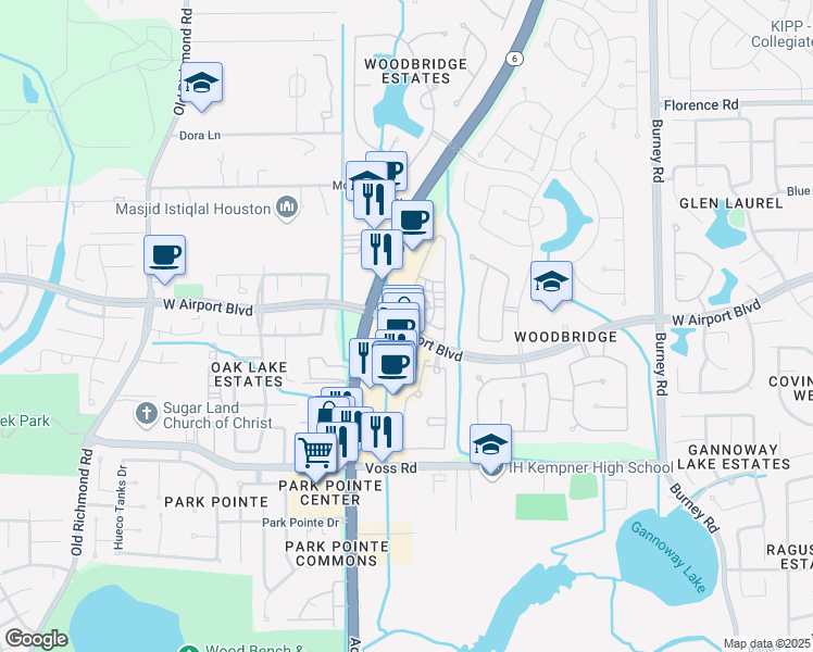 map of restaurants, bars, coffee shops, grocery stores, and more near 15006 West Airport Boulevard in Sugar Land