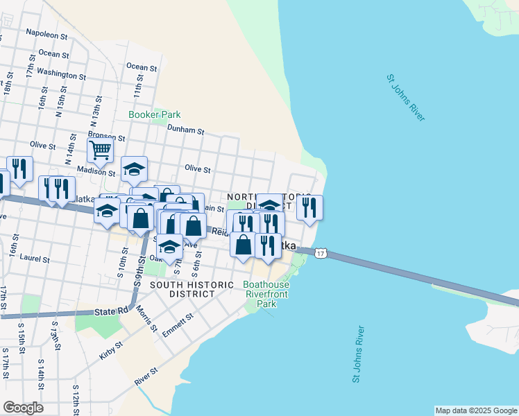 map of restaurants, bars, coffee shops, grocery stores, and more near 303 North 4th Street in Palatka