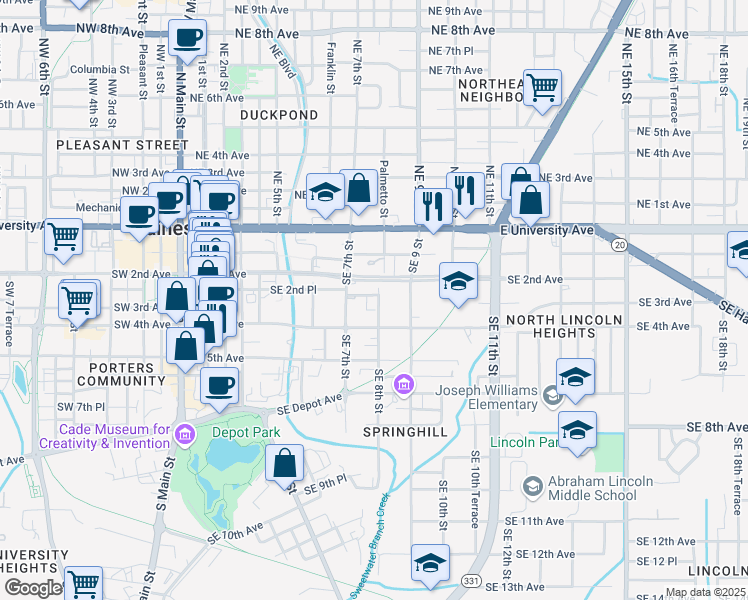 map of restaurants, bars, coffee shops, grocery stores, and more near 220 Southeast 8th Street in Gainesville