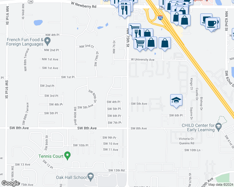 map of restaurants, bars, coffee shops, grocery stores, and more near 7610 Southwest 3rd Place in Gainesville