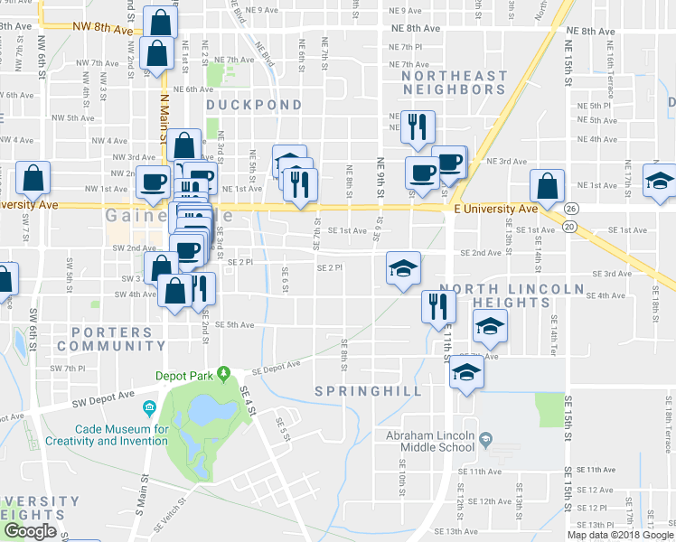 map of restaurants, bars, coffee shops, grocery stores, and more near 747 Southeast 2nd Place in Gainesville