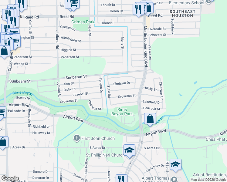 map of restaurants, bars, coffee shops, grocery stores, and more near 5502 Ricky Street in Houston