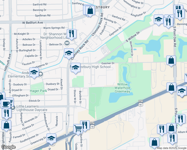 map of restaurants, bars, coffee shops, grocery stores, and more near 5541 Gasmer Drive in Houston