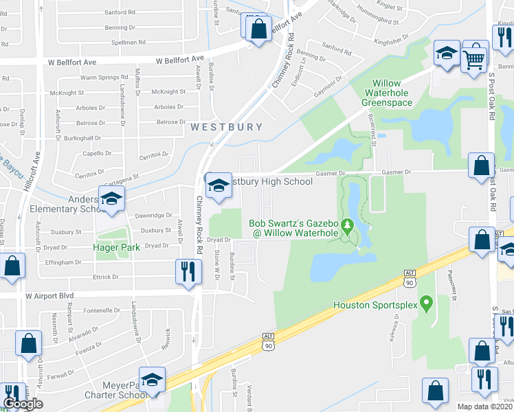 map of restaurants, bars, coffee shops, grocery stores, and more near 5541 Gasmer Drive in Houston