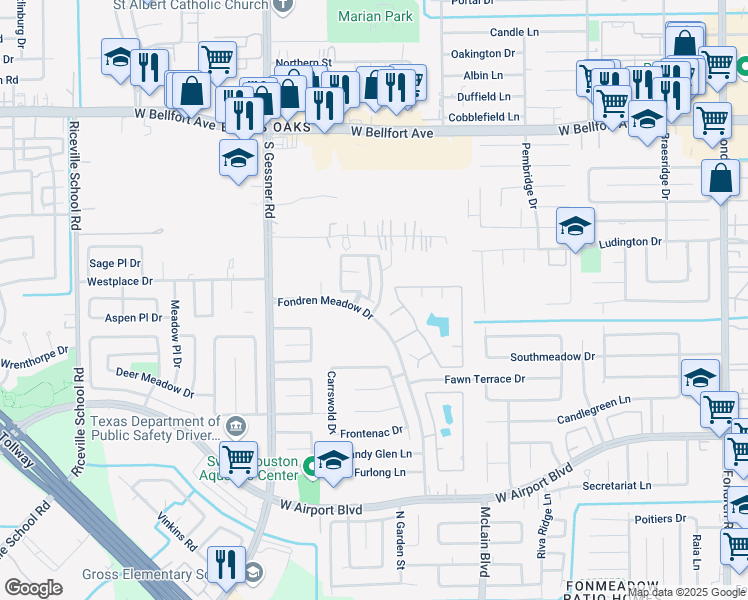 map of restaurants, bars, coffee shops, grocery stores, and more near 8110 Lake Edge Court in Houston