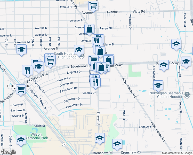 map of restaurants, bars, coffee shops, grocery stores, and more near 3940 Shaver Street in Houston