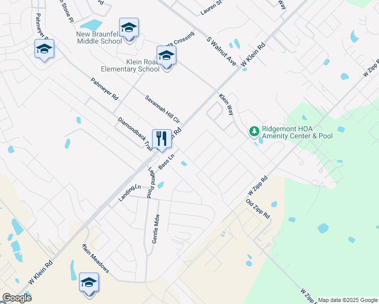 map of restaurants, bars, coffee shops, grocery stores, and more near 159 Bass Lane in New Braunfels