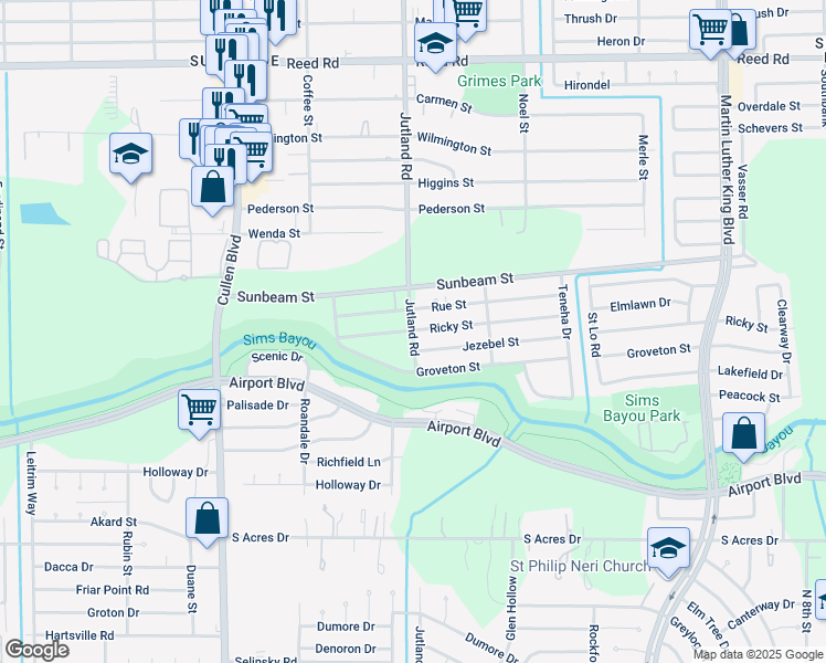 map of restaurants, bars, coffee shops, grocery stores, and more near 5100 Ricky Street in Houston