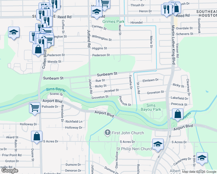 map of restaurants, bars, coffee shops, grocery stores, and more near 5221 Jezebel Street in Houston
