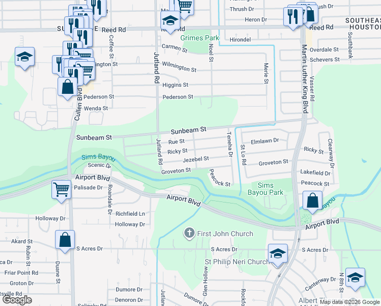 map of restaurants, bars, coffee shops, grocery stores, and more near 5221 Jezebel Street in Houston