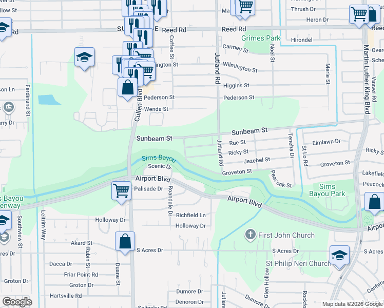 map of restaurants, bars, coffee shops, grocery stores, and more near 4914 Ricky Street in Houston
