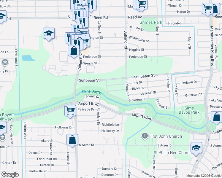 map of restaurants, bars, coffee shops, grocery stores, and more near 4914 Ricky Street in Houston