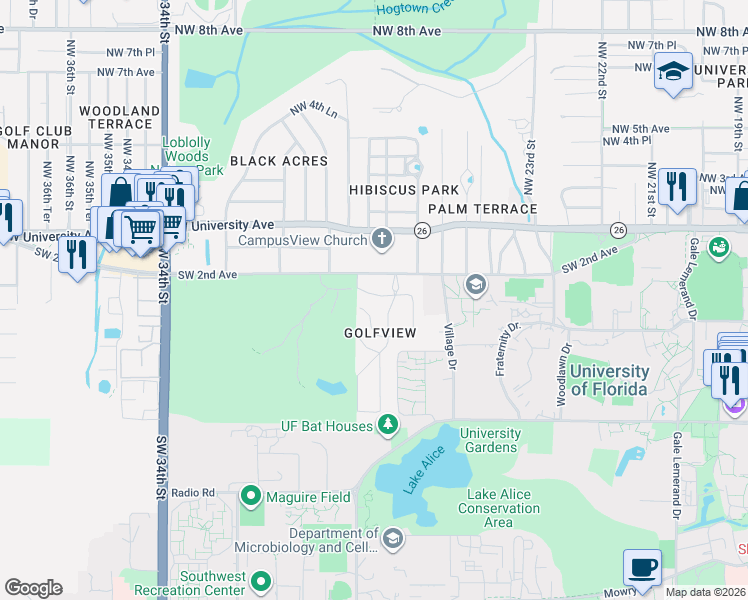 map of restaurants, bars, coffee shops, grocery stores, and more near 2732 Southwest 4th Place in Gainesville