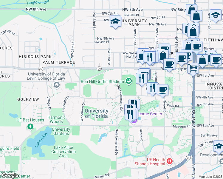map of restaurants, bars, coffee shops, grocery stores, and more near 250 Gale Lemerand Drive in Gainesville