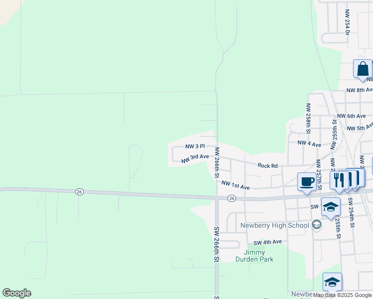 map of restaurants, bars, coffee shops, grocery stores, and more near 26816 Northwest 3rd Avenue in Newberry