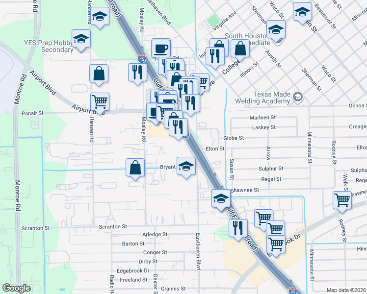 map of restaurants, bars, coffee shops, grocery stores, and more near 9906 Gulf Freeway in Houston