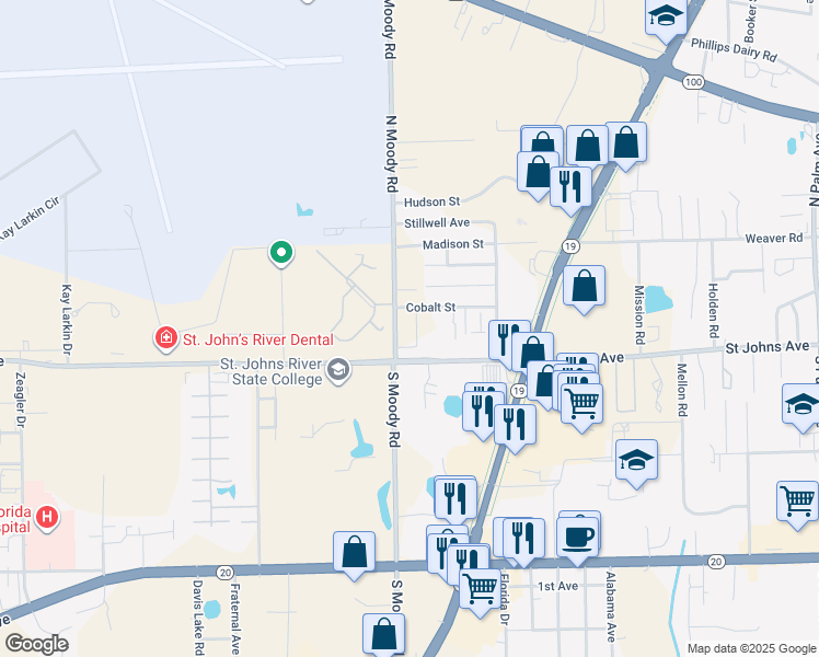 map of restaurants, bars, coffee shops, grocery stores, and more near 111 North Moody Road in Palatka