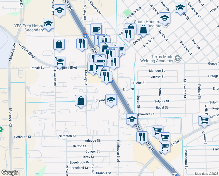 map of restaurants, bars, coffee shops, grocery stores, and more near 9906 Gulf Freeway in Houston