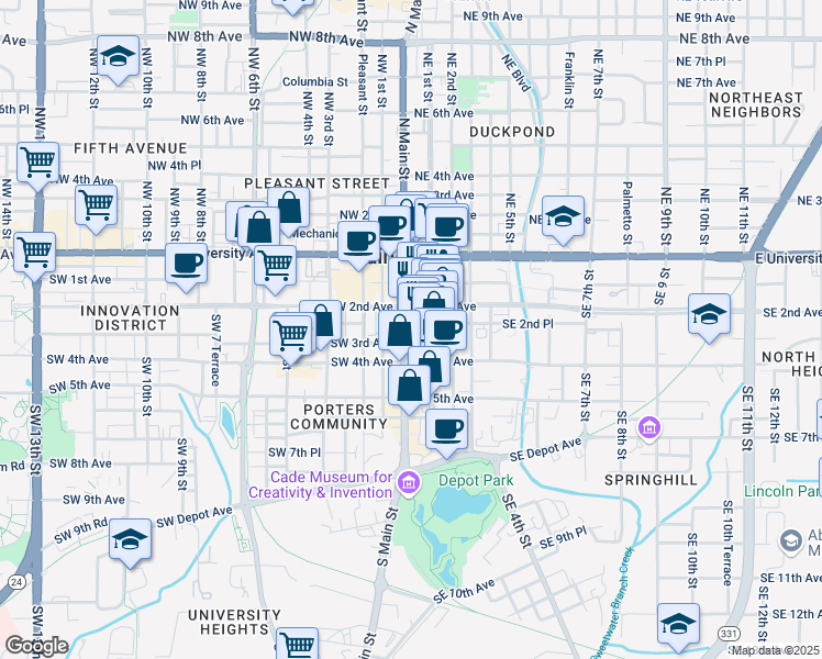 map of restaurants, bars, coffee shops, grocery stores, and more near 235 South Main Street in Gainesville