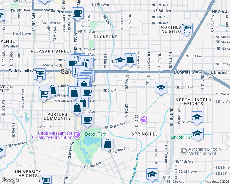 map of restaurants, bars, coffee shops, grocery stores, and more near 531 Southeast 2nd Place in Gainesville