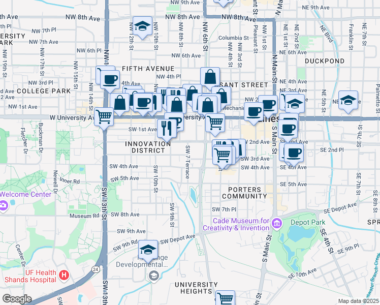 map of restaurants, bars, coffee shops, grocery stores, and more near 239 Southwest 7 Terrace in Gainesville