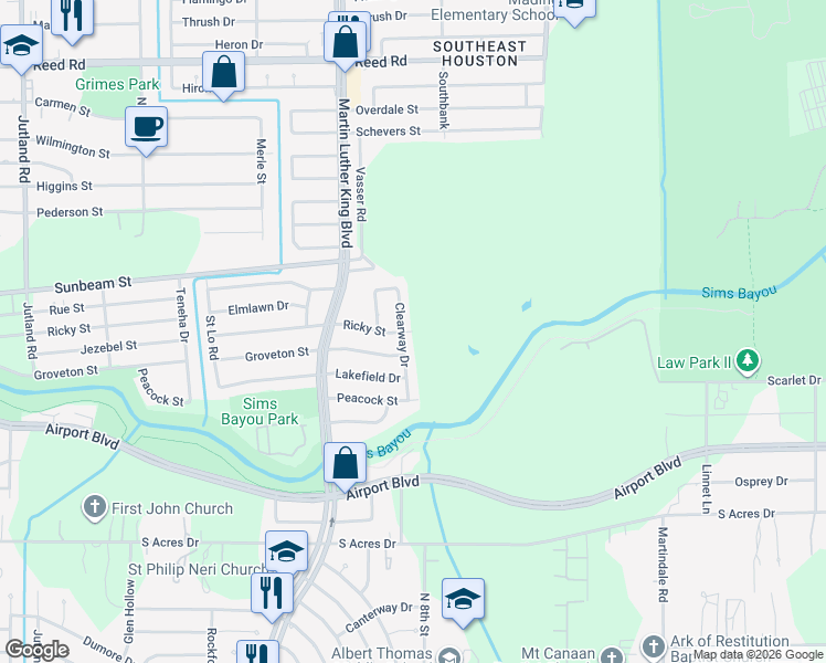 map of restaurants, bars, coffee shops, grocery stores, and more near 9311 Clearway Drive in Houston