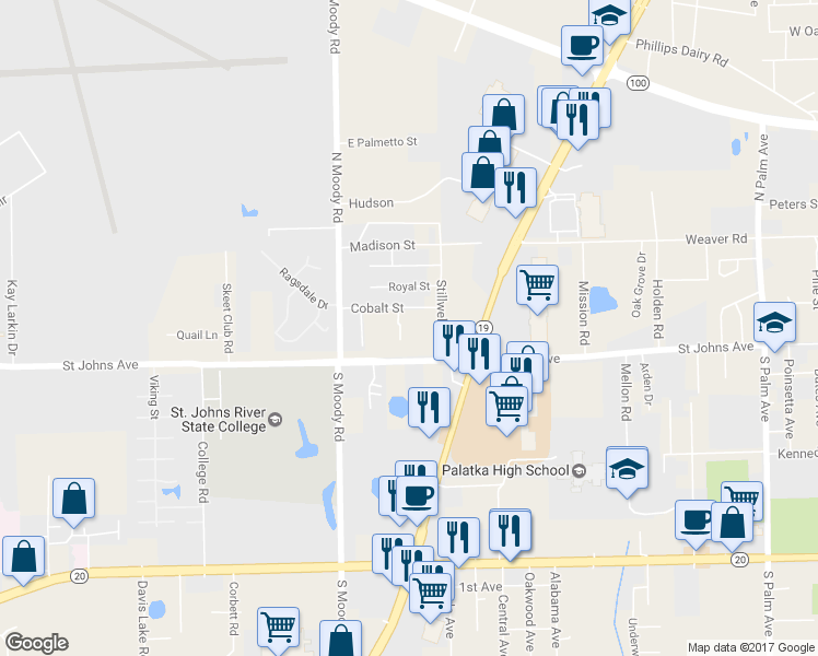 map of restaurants, bars, coffee shops, grocery stores, and more near 3305 Cobalt Street in Palatka