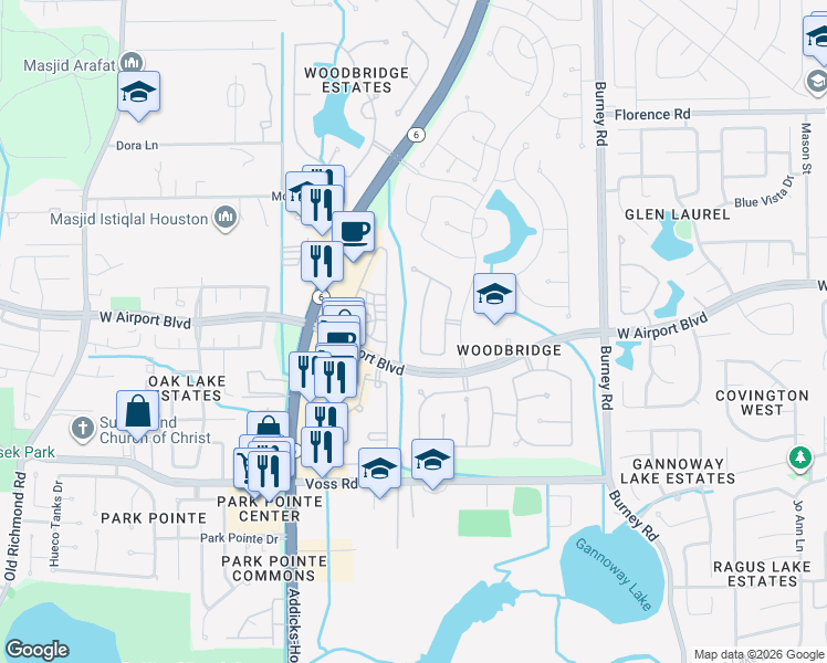 map of restaurants, bars, coffee shops, grocery stores, and more near 11410 Rock Bridge Lane in Sugar Land