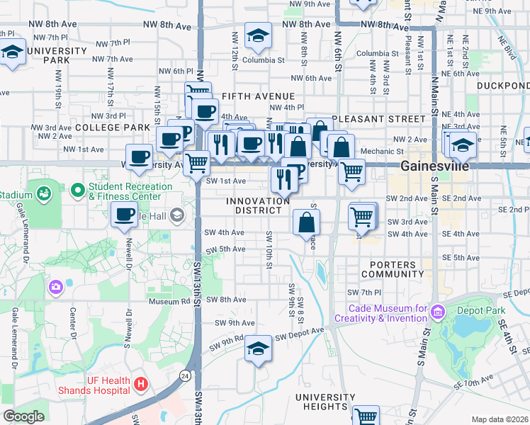map of restaurants, bars, coffee shops, grocery stores, and more near 222 Southwest 10th Street in Gainesville