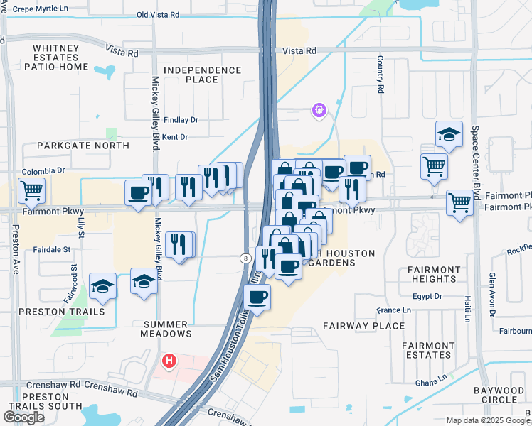 map of restaurants, bars, coffee shops, grocery stores, and more near Sam Houston Tollway in Pasadena