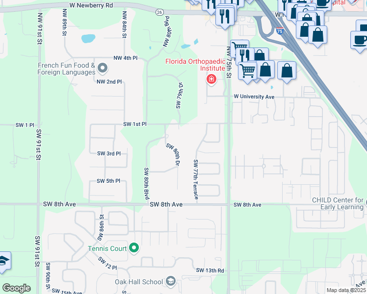 map of restaurants, bars, coffee shops, grocery stores, and more near 315 Southwest 80th Drive in Gainesville