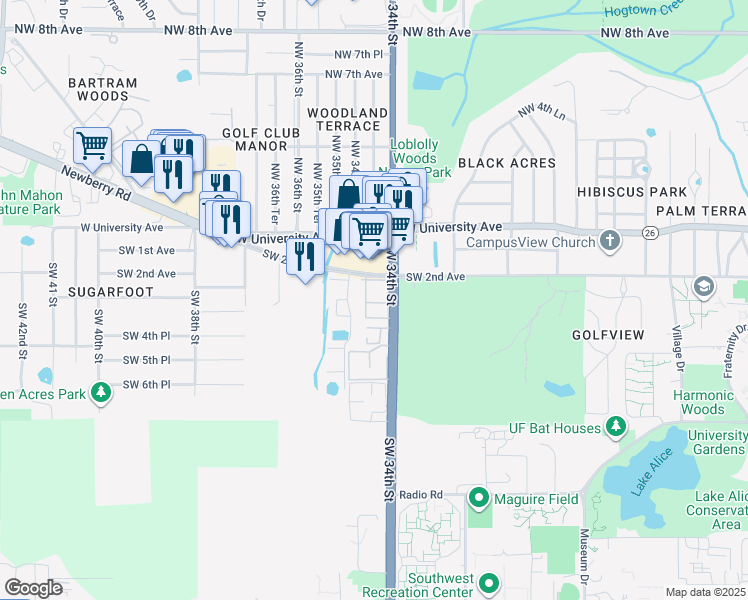 map of restaurants, bars, coffee shops, grocery stores, and more near 312 Southwest 34th Street in Gainesville