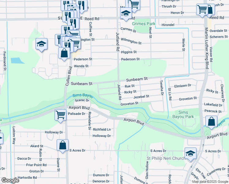 map of restaurants, bars, coffee shops, grocery stores, and more near 5100 Ricky Street in Houston
