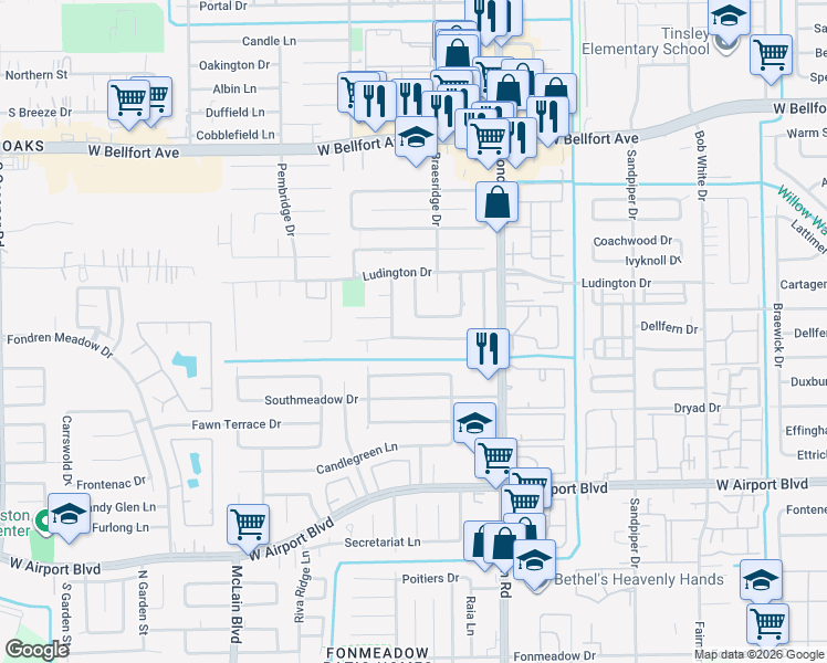 map of restaurants, bars, coffee shops, grocery stores, and more near 7627 Apache Plume Drive in Houston