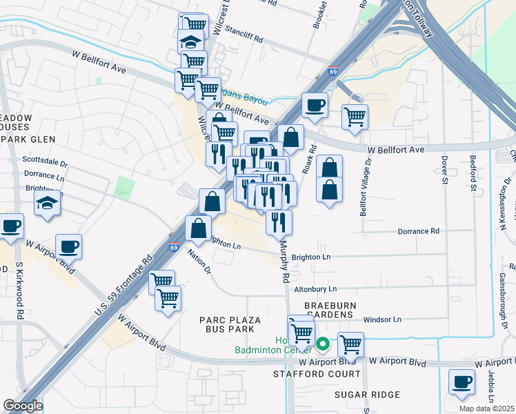 map of restaurants, bars, coffee shops, grocery stores, and more near 11918 Wilcrest Drive in Houston