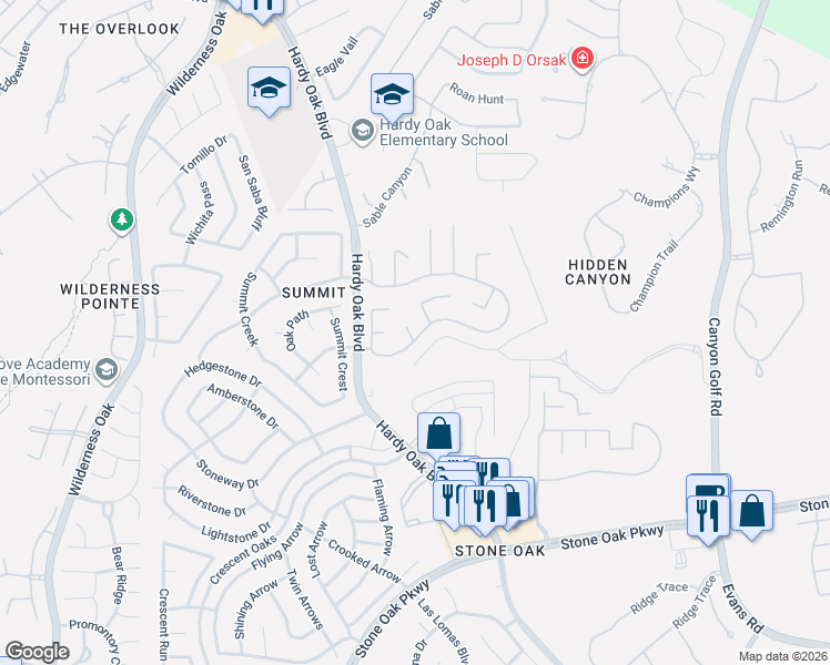 map of restaurants, bars, coffee shops, grocery stores, and more near 231 Mesa Loop in San Antonio