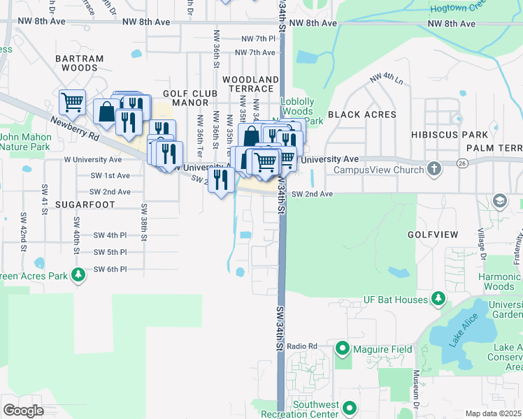 map of restaurants, bars, coffee shops, grocery stores, and more near 3425 Southwest 2nd Avenue in Gainesville