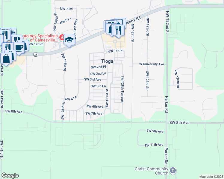 map of restaurants, bars, coffee shops, grocery stores, and more near 417 Southwest 129 Terrace in Newberry